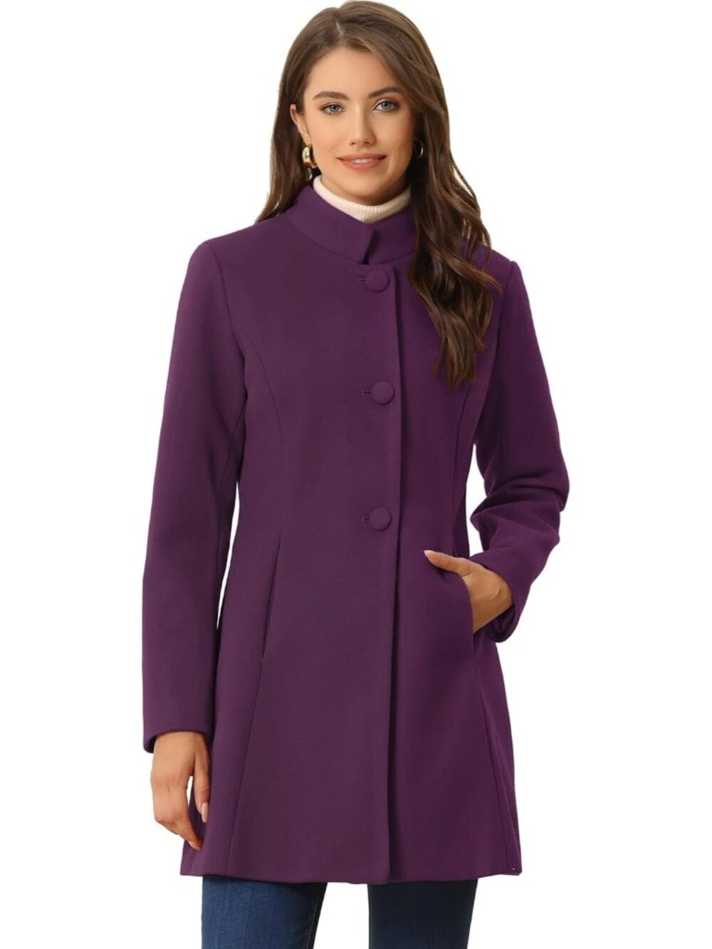 Womens Purple Mid-long Stand Collar Single Breasted Loose Fit Winter Trench Coat